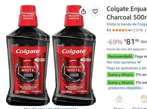 Colgate Enjuague Bucal Luminous White Charcoal 500ml (Paquete de 2)