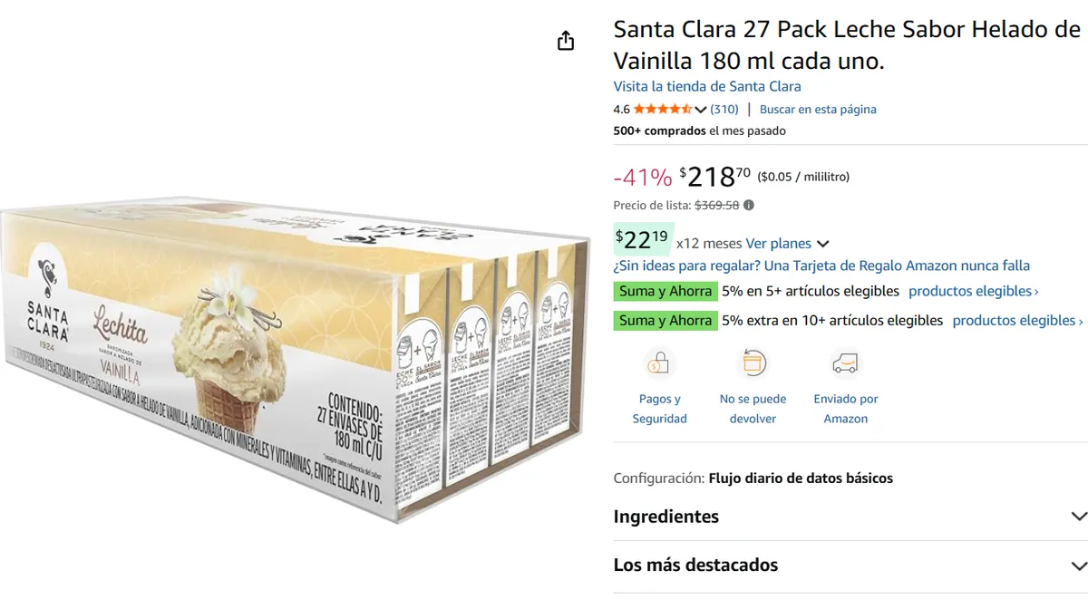 27 Pack Leche Sabor Helado de Vainilla 