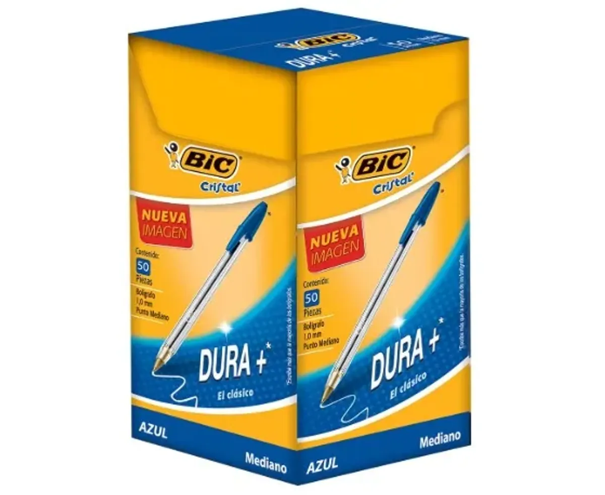 BIC Bolígrafo Cristal Dura + Punto Mediano 1.00 mm Cuerpo Hexagonal Tapa Ventilada para Evitar Asfixia Color Azul 50 Piezas