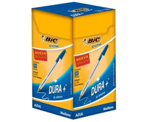 BIC Bolígrafo Cristal Dura + Punto Mediano 1.00 mm Cuerpo Hexagonal Tapa Ventilada para Evitar Asfixia Color Azul 50 Piezas
