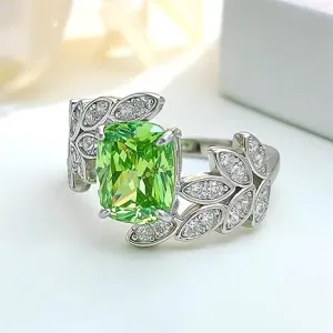 Anillo en forma de hoja con circonita cúbica verde claro para mujer, hermosa joyería de boda y fiesta