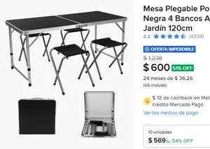 Mesa Plegable Portafolio Cuory Negra 4 Bancos Acero/Plástico Jardín 120cm