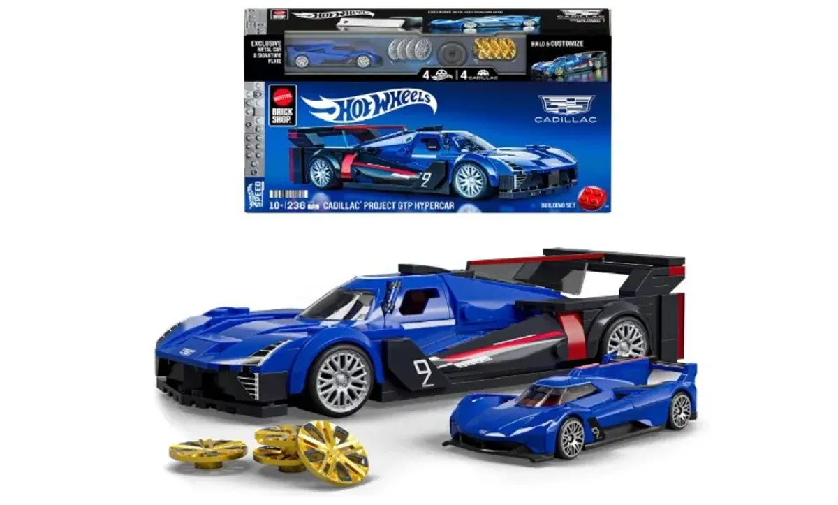 Mattel Brick Shop Hot Wheels Juguete Construcción Speed Cadillac Project GTP Hypercar Escala 1:32 con Piezas Personalizables Incluye Placa de colección y Auto Exclusivo de Metal