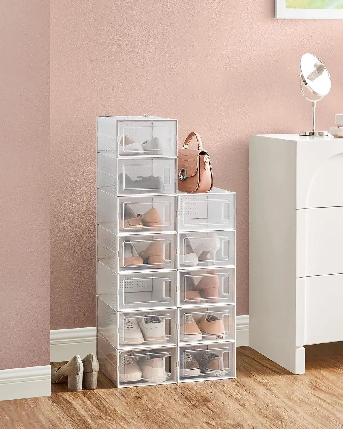 SONGMICS Cajas de Zapatos Plástico, Juego de 12 Organizadores de Almacenamiento para Zapatillas hasta talla 44, Transparente y Blanco MLSP12SWT