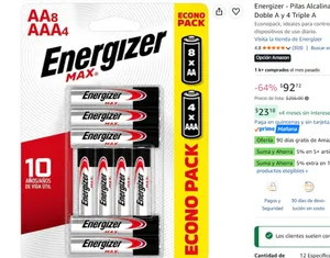 Energizer - Pilas Alcalinas AA y AAA, MAX 12 Piezas, 8 Doble A y 4 Triple A