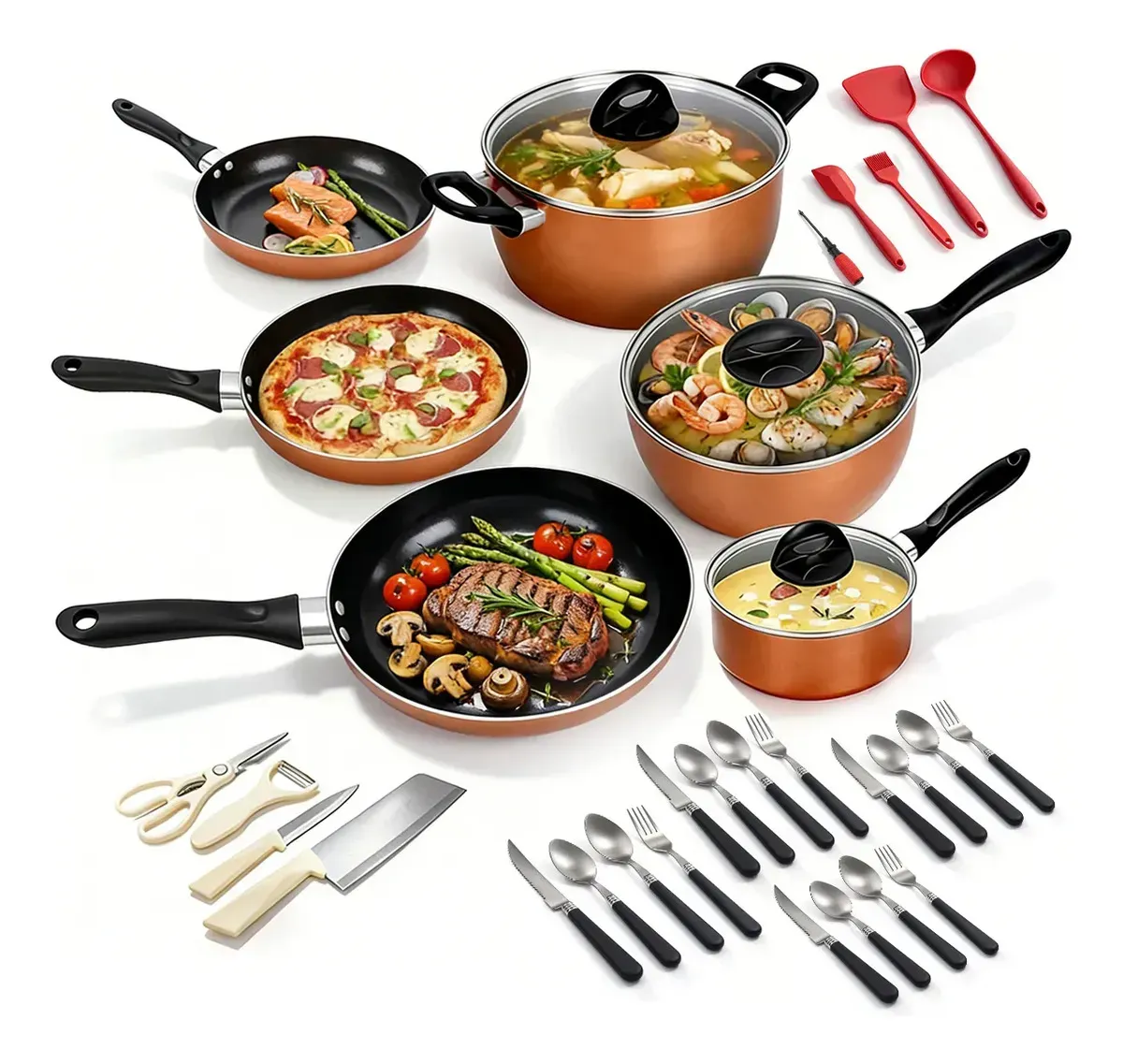 Batería De Cocina Antiadherente 34 Piezas - Juego De Ollas Y Utensilios De Aluminio Resistente