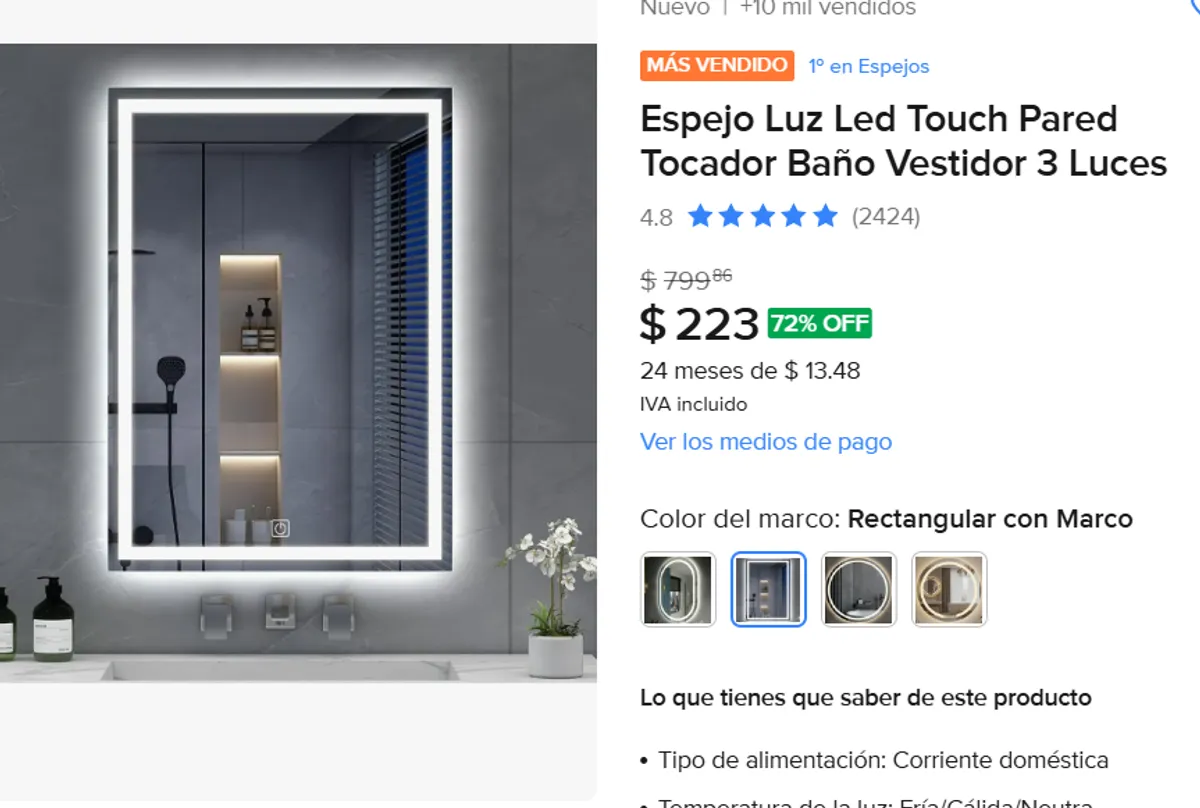 Espejo Luz Led Touch 