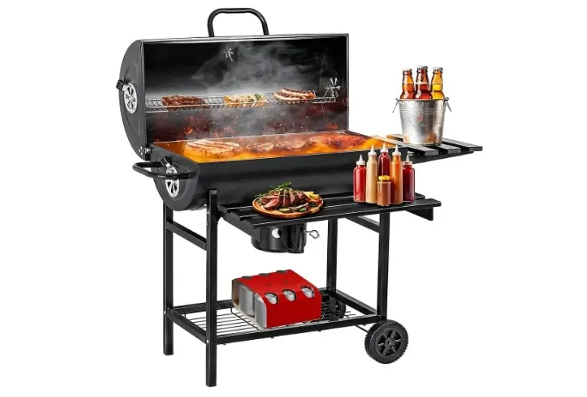 Raganet, Parrilla Asador de Carbón con Cenicero, Termómetro, Ruedas, Amplia Superficie de Cocción y Material Resistente, Ideal para Jardín y Terraza