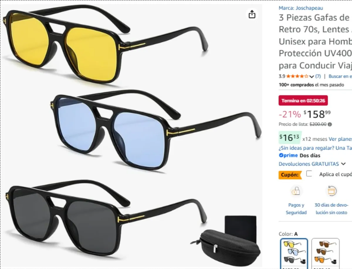 3 Piezas Gafas de Sol Polarizadas Retro 70s, Lentes Aviador Cuadrado Unisex para Hombre y Mujer, Protección UV400 con Estuche y Paño para Conducir Viajar