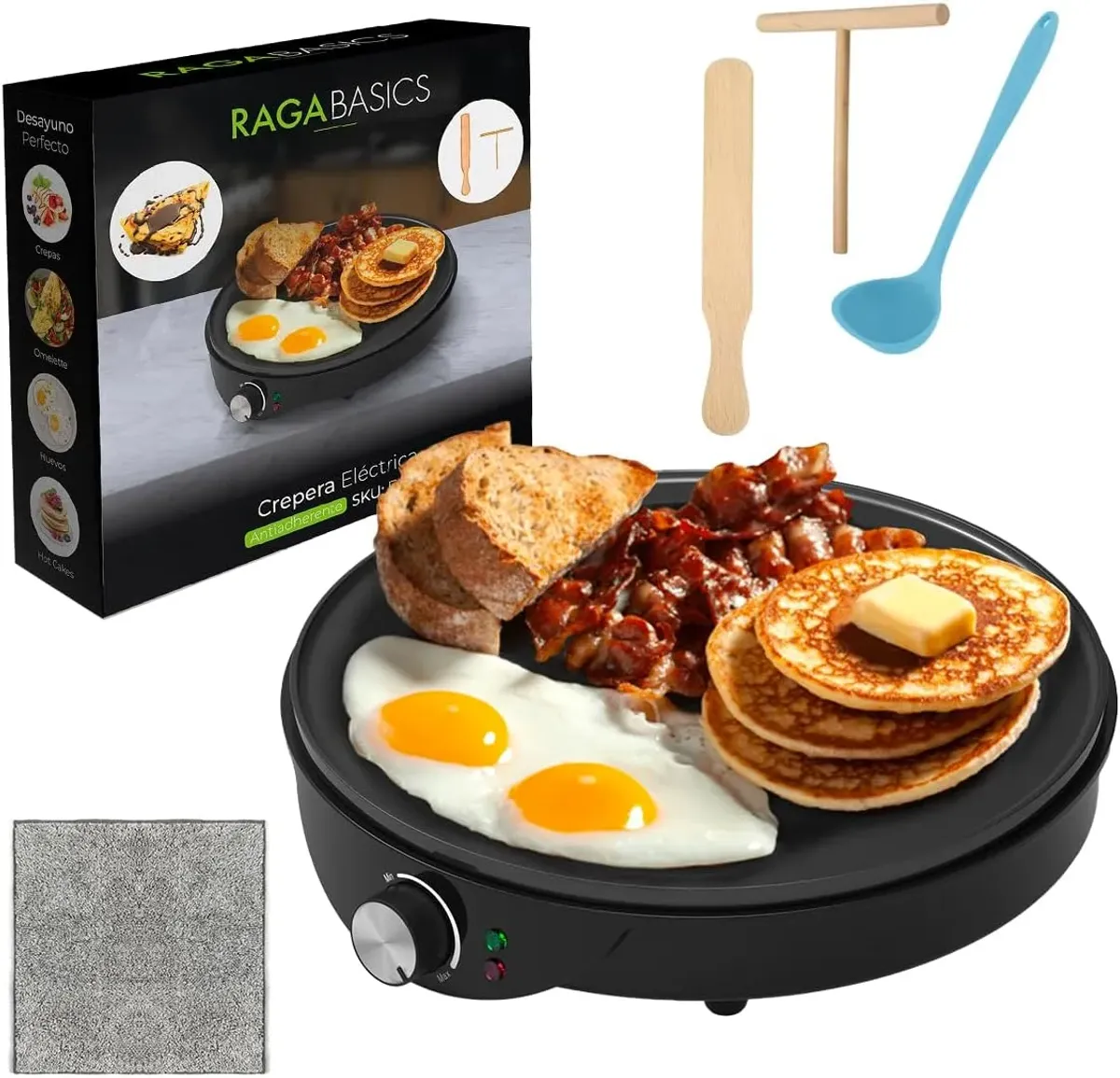 Raganet, Crepera Eléctrica de 30cm (12 Pulgadas),con Indicador de Luces Led, Plancha Antiadherente y Temperatura Ajustable, Incluye Accesorios para Esparcir, Voltear, Cucharon y un Trapo.