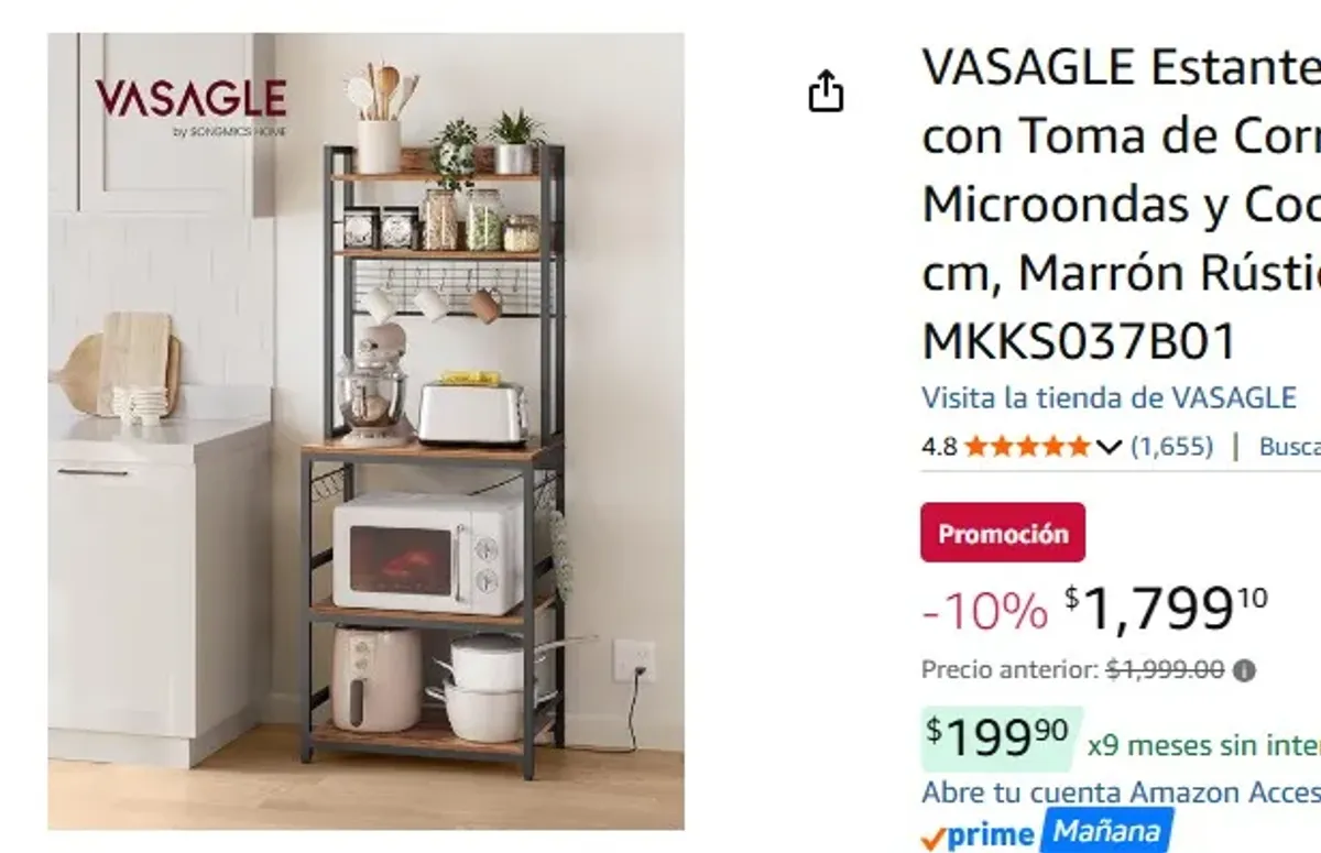 VASAGLE Estantería para Panadería con Toma de Corriente, Soporte de Microondas y Cocina, 40 x 60 x 170 cm, Marrón Rústico y Negro MKKS037B01