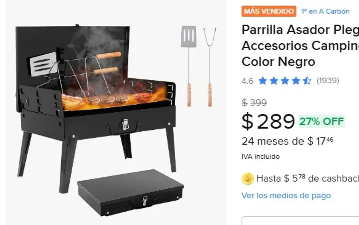 Parrilla Asador Plegable Con Accesorios Camping Portátil Pro Color Negro