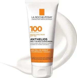 CON PRIME - La Roche-Posay Anthelios Melt-in Milk Body & Face Sunscreen Lotion Broad Spectrum SPF 100, Oxybenzone & Octinoxate Free, Sunscreen for Kids, Adults & Sun Sensitive Skin, Unscented, 3 Fl oz