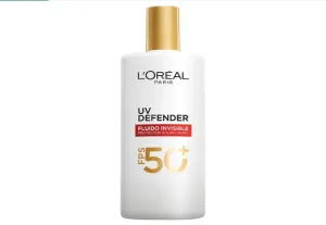 L'Oreal Paris UV Defender Fluido Invisible Protector Solar Diario FPS50+ con Ácido Hialurónico, Hidrata, previene líneas de expresión y protege de rayos UV, 40ml.