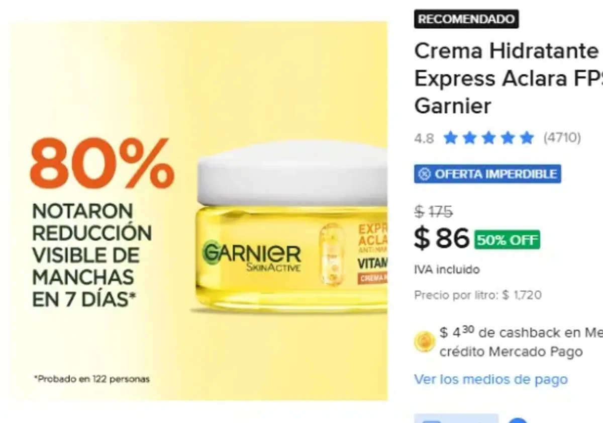 Crema Hidratante Tono Uniforme Express Aclara FPS30 50 ml Garnier