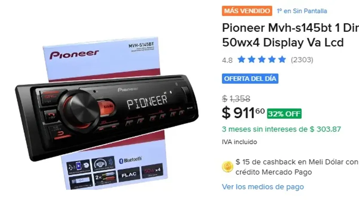 Pioneer Mvh-s145bt 1 Din Bt Usb 50wx4 Display Va Lcd