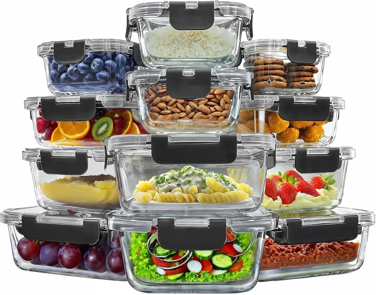 Raganet, Set De 12 Contenedores De Vidrio Herméticos Para Alimentos, Toppers Con Tapas De Cierre Fácil y Antifugas, Contenedores Meal Prep Para Microondas, Horno, Refrigerador y Lavavajillas, BPA Free