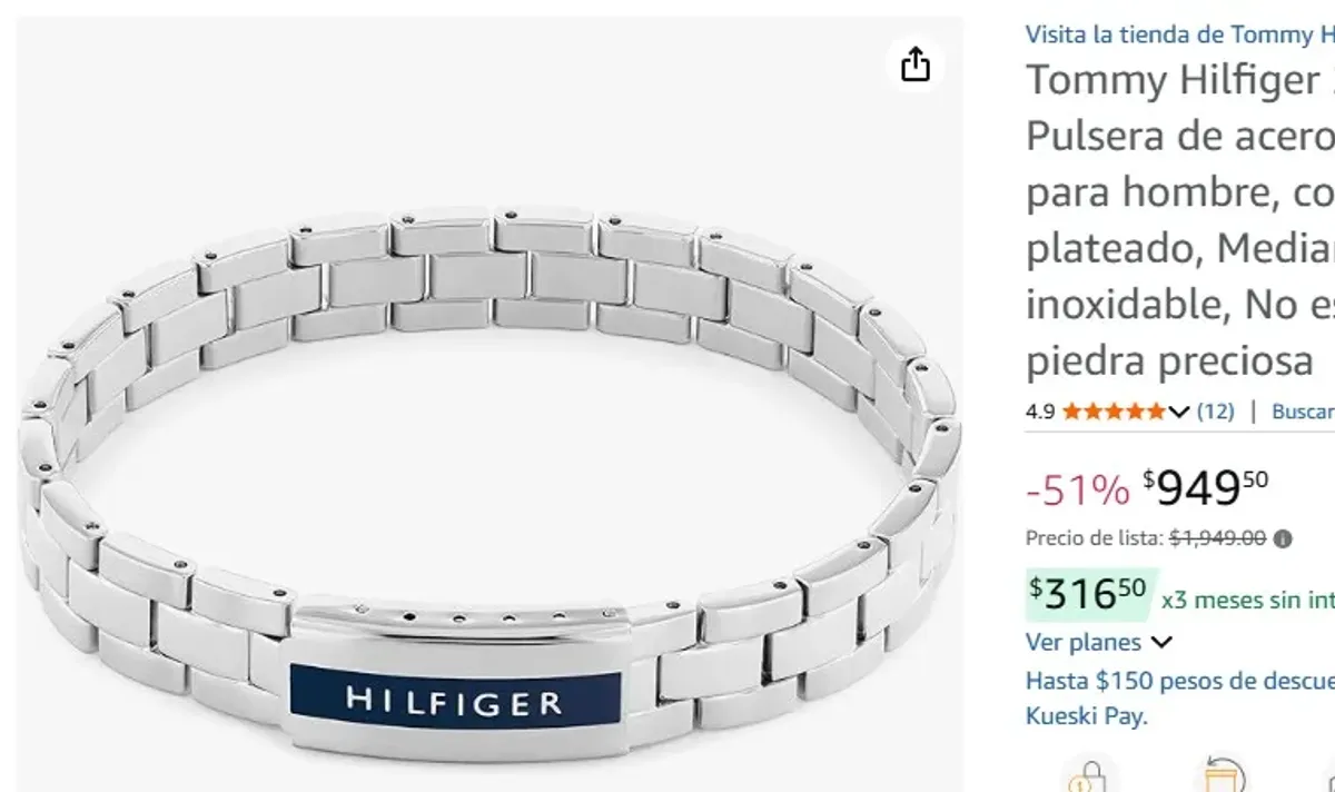 Tommy Hilfiger 2790485 - Pulsera de acero inoxidable para hombre, color plateado, Mediano, Acero inoxidable, No es una piedra preciosa