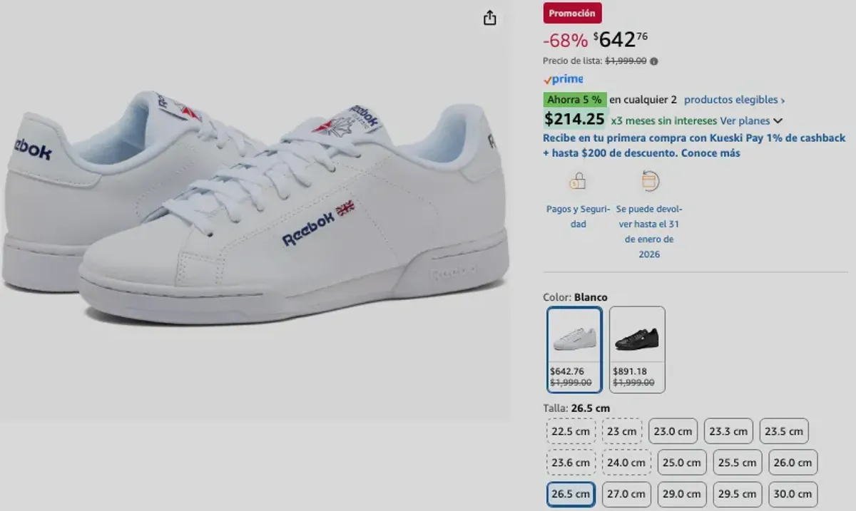 26.5 - Reebok 1354 Tenis para Hombre, color Blanco, 26