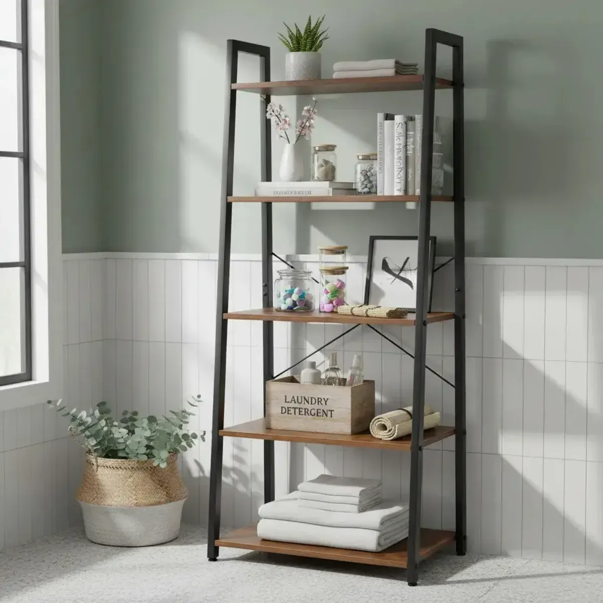 Portga muebles de cocina y lavandería De Madera Y Acero De 5 Niveles, Fácil de montar, Ahorra espacio, mueble multiusos organizador Hasta 120kg Dimensiones 151*56*35cm para salones y cocinas