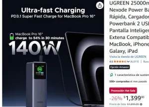 UGREEN 25000mAh 200W Nexode Power Bank Carga Rápida, Cargador Portátil Powerbank 2 USB C y 1 USB A, Pantalla Inteligente TFT, Batería Extena Compatible con MacBook, iPhone 17 16, Xiaomi, Galaxy, iPad