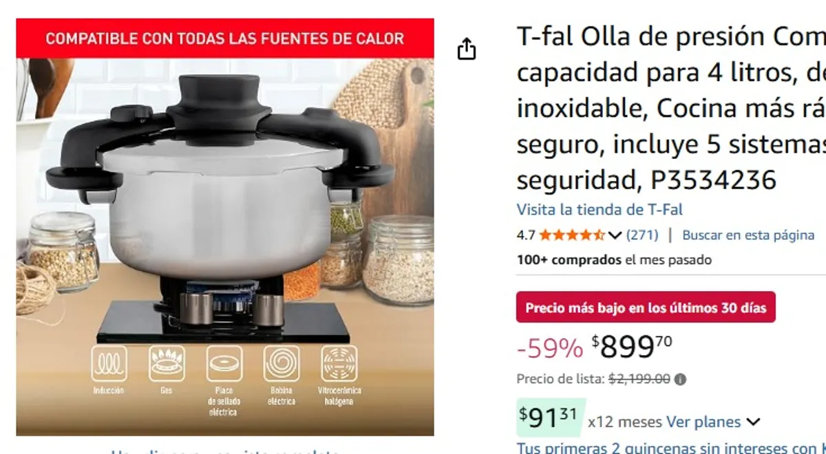 T-fal Olla de presión Compact Easy capacidad para 4 litros, de acero inoxidable, Cocina más rápido y seguro, incluye 5 sistemas de seguridad, P3534236