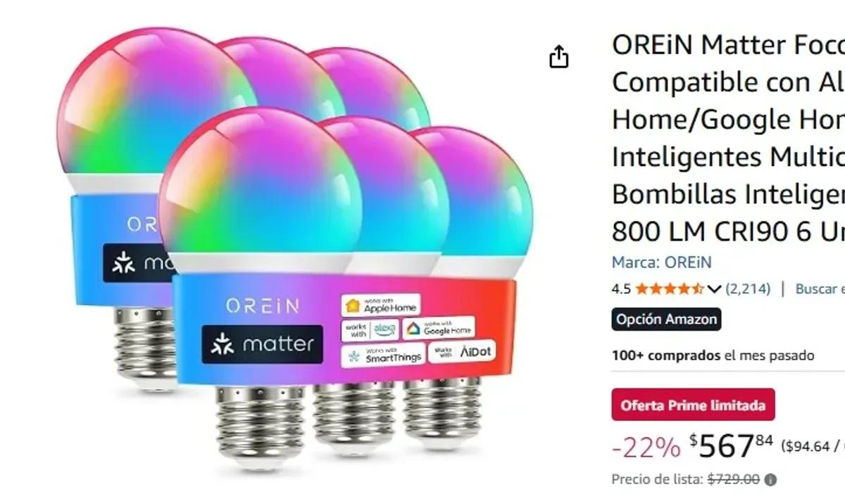OREiN Matter Focos Inteligentes Compatible con Alexa/Apple Home/Google Home | Focos Inteligentes Multicolor A19 E26, Bombillas Inteligentes 60W Equi 800 LM CRI90 6 Unidades