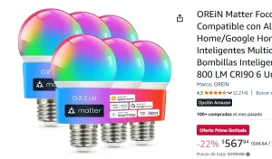OREiN Matter Focos Inteligentes Compatible con Alexa/Apple Home/Google Home | Focos Inteligentes Multicolor A19 E26, Bombillas Inteligentes 60W Equi 800 LM CRI90 6 Unidades