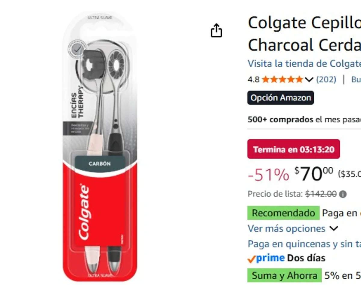 Colgate Cepillo Dental Encías Therapy Charcoal Cerdas Suaves 2 piezas