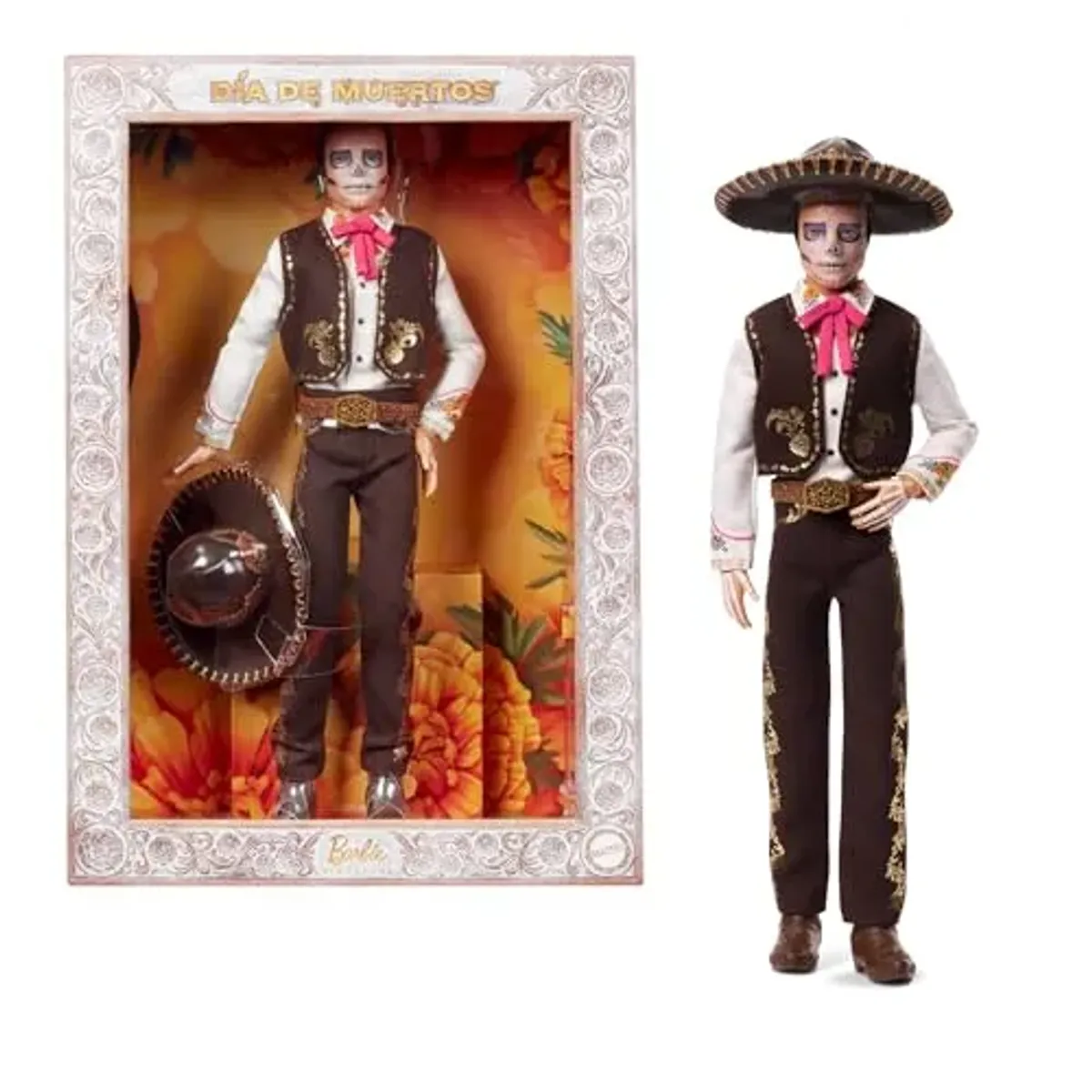 Barbie Signature Ken Día de Muertos, Muñeco de Colección Traje en Crema y Negro, Detalles de Cempasúchil Doradas, Base y Certificado, para 6 años en adelante